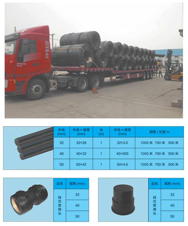 高密度聚乙烯(HDPE )硅芯管制作，系采用特種HDPE原料加硅料共擠復(fù)合而成，具備以下基本特性: 1.管道的強(qiáng)度，包括抗壓，抗張和抗沖擊能力，充分考慮到光(電)纜保護(hù)所需的安全系數(shù)，不再需要大管作外層保護(hù)。 2、硅管曲率半徑小，為其外徑的十倍。敷管時(shí)遇到彎曲處和上下管落差處可隨路而轉(zhuǎn)或隨坡而走，無須作任何特別處理，更不必設(shè)入井過渡。 3、其內(nèi)壁的硅芯層是固體的，永久的潤滑濟(jì)。 4、其內(nèi)壁的硅芯層被同步擠壓進(jìn)壁內(nèi)，均勻地分布于整個(gè)內(nèi)壁，硅芯層與高度密聚乙烯具有相同的物理和機(jī)械特性:不會剝落，脫離。 5、其內(nèi)壁硅芯層的摩擦特性保持不變，纜線在管道內(nèi)反復(fù)抽取。 6、其內(nèi)璧的硅芯層不與水溶，污物進(jìn)管后可用水沖洗管道，可免遭嚙齒動物破壞。7、抗老化，使用壽命長，埋入地下可達(dá)50年以上。 8、耐候性能好。 9、施工快捷，可大降低工程造價(jià)。